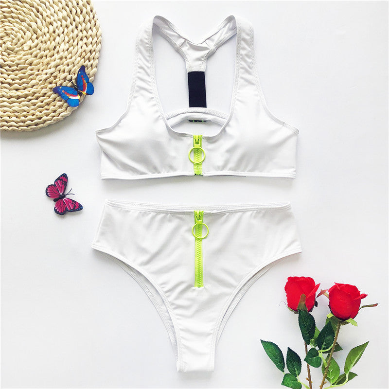 Solid Color LOVE Strip Zipper Bikini